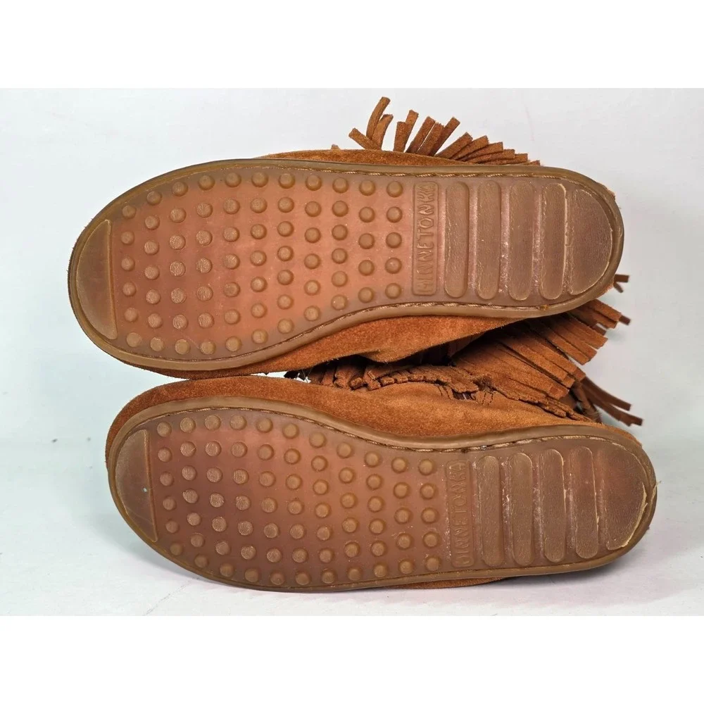 Minnetonka‎ Three Layer Fringe Boots Girls Size 1 Brown Suede Mid Calf Western